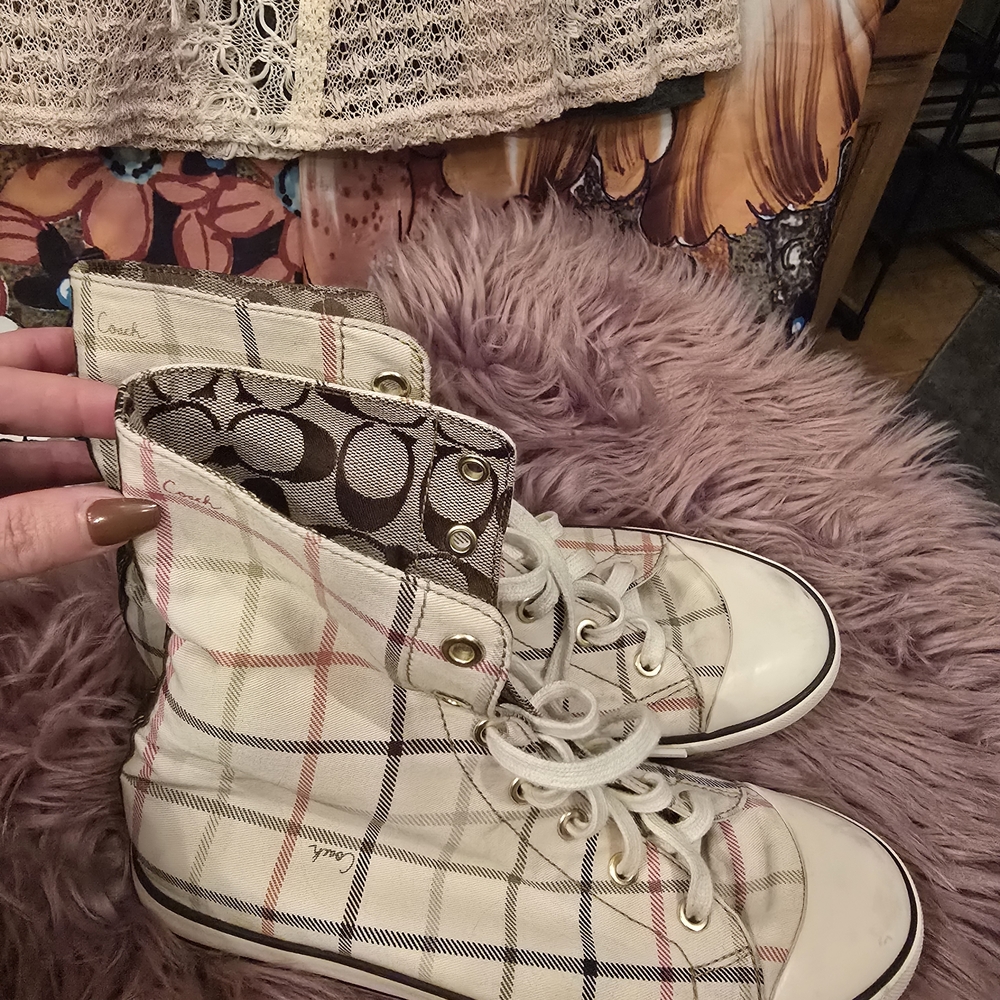 Coach Women's Plaid High-Top Sneakers - Cream and Brown - Picture 4 of 13